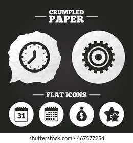 Crumpled paper speech bubble. Business icons. Calendar and mechanical clock signs. Dollar money bag and gear symbols. Paper button. Vector