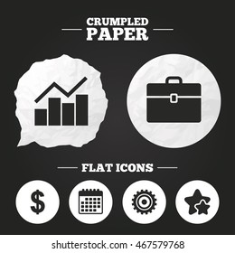 Crumpled paper speech bubble. Business icons. Graph chart and case signs. Dollar currency and gear cogwheel symbols. Paper button. Vector