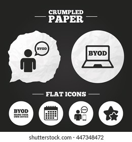 Crumpled paper speech bubble. BYOD icons. Human with notebook and smartphone signs. Speech bubble symbol. Paper button. Vector