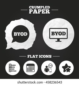 Crumpled paper speech bubble. BYOD icons. Human with notebook and smartphone signs. Speech bubble symbol. Paper button. Vector