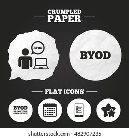 Crumpled paper speech bubble. BYOD icons. Human with notebook and smartphone signs. Speech bubble symbol. Paper button. Vector
