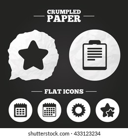 Crumpled paper speech bubble. Calendar and Star favorite icons. Checklist and cogwheel gear sign symbols. Paper button. Vector