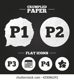 Crumpled paper speech bubble. Car parking icons. First, second, third and four floor signs. P1, P2, P3 and P4 symbols. Paper button. Vector