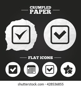 Crumpled paper speech bubble. Check icons. Checkbox confirm squares sign symbols. Paper button. Vector