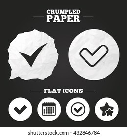 Crumpled paper speech bubble. Check icons. Checkbox confirm circle sign symbols. Paper button. Vector