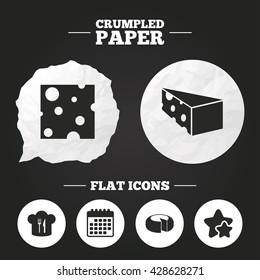 Crumpled paper speech bubble. Cheese icons. Round cheese wheel sign. Sliced food with chief hat symbols. Paper button. Vector
