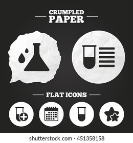Crumpled paper speech bubble. Chemistry bulb with drops icon. Medical test signs. Laboratory equipment symbols. Paper button. Vector