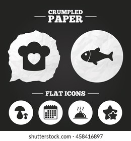 Crumpled paper speech bubble. Chief hat with heart and cooking pan icons. Fish and boletus mushrooms signs. Hot food platter serving symbol. Paper button. Vector