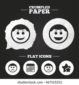 Crumpled paper speech bubble. Circle smile face icons. Happy, sad, cry signs. Happy smiley chat symbol. Sadness depression and crying signs. Paper button. Vector