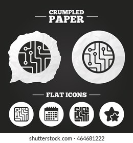 Crumpled paper speech bubble. Circuit board icons. Technology scheme circles and squares sign symbols. Paper button. Vector