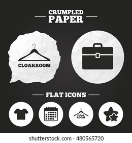 Crumpled paper speech bubble. Cloakroom icons. Hanger wardrobe signs. T-shirt clothes and baggage symbols. Paper button. Vector