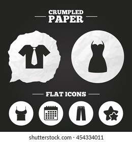 Crumpled paper speech bubble. Clothes icons. T-shirt with business tie and pants signs. Women dress symbol. Paper button. Vector