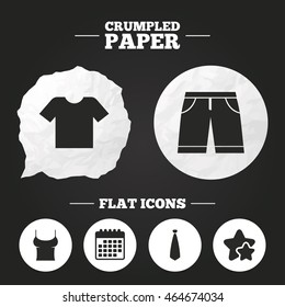 Crumpled paper speech bubble. Clothes icons. T-shirt and bermuda shorts signs. Business tie symbol. Paper button. Vector