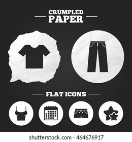 Crumpled paper speech bubble. Clothes icons. T-shirt and pants with shorts signs. Swimming trunks symbol. Paper button. Vector