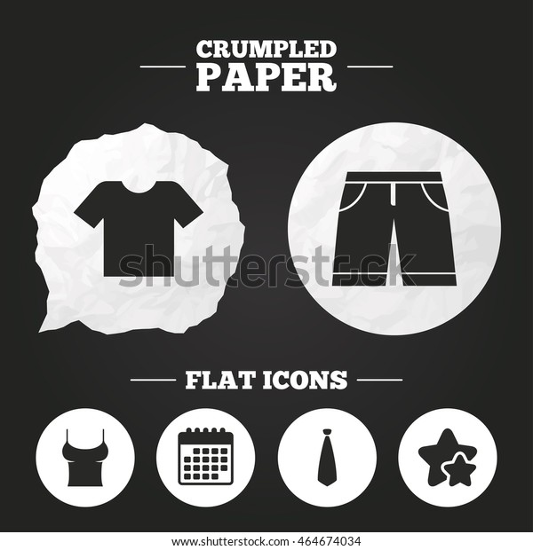 Crumpled\
paper speech bubble. Clothes icons. T-shirt and bermuda shorts\
signs. Business tie symbol. Paper button.\
Vector