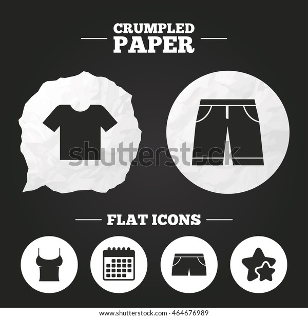 Crumpled paper speech bubble. Clothes icons.\
T-shirt and bermuda shorts signs. Swimming trunks symbol. Paper\
button. Vector