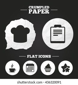 Crumpled paper speech bubble. Coffee cup icon. Chef hat symbol. Muffin cupcake signs. Document file. Paper button. Vector