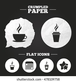 Crumpled paper speech bubble. Coffee cup icon. Hot drinks glasses symbols. Take away or take-out tea beverage signs. Paper button. Vector