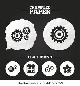 Crumpled paper speech bubble. Cogwheel gear icons. Mechanism symbol. Website or App settings sign. Working process performance. Paper button. Vector