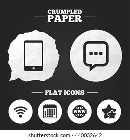 Crumpled paper speech bubble. Communication icons. Smartphone and chat speech bubble symbols. Wifi and internet globe signs. Paper button. Vector