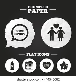Crumpled paper speech bubble. Condom safe sex icons. Lovers couple signs. Male love female. Speech bubble with heart. Paper button. Vector