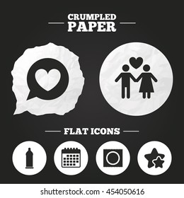 Crumpled paper speech bubble. Condom safe sex icons. Lovers couple signs. Male love female. Speech bubble with heart. Paper button. Vector