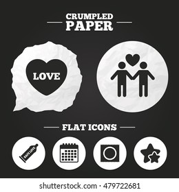 Crumpled paper speech bubble. Condom safe sex icons. Lovers Gay couple signs. Male love male. Heart symbol. Paper button. Vector