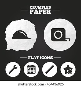 Crumpled paper speech bubble. Construction helmet and wrench key tool icons. Ruler and tape measure roulette sign symbols. Paper button. Vector