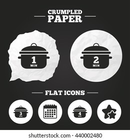 Crumpled paper speech bubble. Cooking pan icons. Boil 1, 2, 3 and 4 minutes signs. Stew food symbol. Paper button. Vector