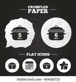 Crumpled paper speech bubble. Cooking pan icons. Boil 5, 6, 7 and 8 minutes signs. Stew food symbol. Paper button. Vector