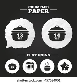 Crumpled paper speech bubble. Cooking pan icons. Boil 13, 14 and 15 minutes signs. Stew food symbol. Paper button. Vector