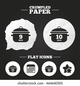 Crumpled paper speech bubble. Cooking pan icons. Boil 9, 10, 11 and 12 minutes signs. Stew food symbol. Paper button. Vector