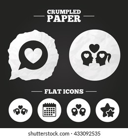 Crumpled paper speech bubble. Couple love icon. Lesbian and Gay lovers signs. Romantic homosexual relationships. Speech bubble with heart symbol. Paper button. Vector