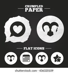 Crumpled paper speech bubble. Couple love icon. Lesbian and Gay lovers signs. Romantic homosexual relationships. Speech bubble with heart symbol. Paper button. Vector