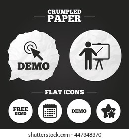 Crumpled paper speech bubble. Demo with cursor icon. Presentation billboard sign. Man standing with pointer symbol. Paper button. Vector