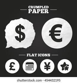 Crumpled paper speech bubble. Dollar, Euro, Pound and Yen currency icons. USD, EUR, GBP and JPY money sign symbols. Paper button. Vector