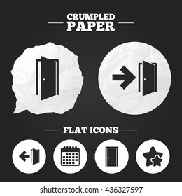 Crumpled paper speech bubble. Doors icons. Emergency exit with arrow symbols. Fire exit signs. Paper button. Vector