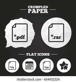 Crumpled paper speech bubble. Download document icons. File extensions symbols. PDF, RAR, 7z and TXT signs. Paper button. Vector