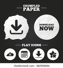 Crumpled paper speech bubble. Download now icon. Upload from cloud symbols. Receive data from a remote storage signs. Paper button. Vector