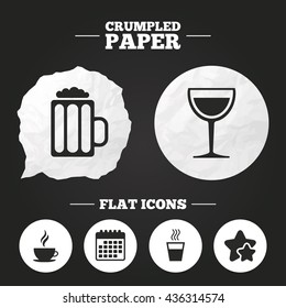 Crumpled paper speech bubble. Drinks icons. Coffee cup and glass of beer symbols. Wine glass sign. Paper button. Vector