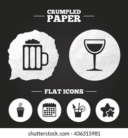 Crumpled paper speech bubble. Drinks icons. Take away coffee cup and glass of beer symbols. Wine glass and cocktail signs. Paper button. Vector