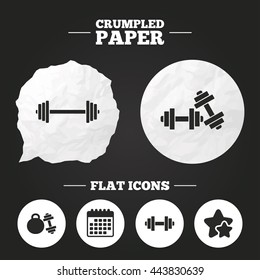 Crumpled paper speech bubble. Dumbbells sign icons. Fitness sport symbols. Gym workout equipment. Paper button. Vector
