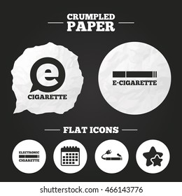 Crumpled paper speech bubble. E-Cigarette with plug icons. Electronic smoking symbols. Speech bubble sign. Paper button. Vector