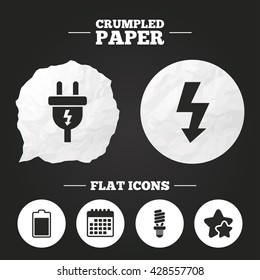 Crumpled paper speech bubble. Electric plug icon. Fluorescent lamp and battery symbols. Low electricity and idea signs. Paper button. Vector