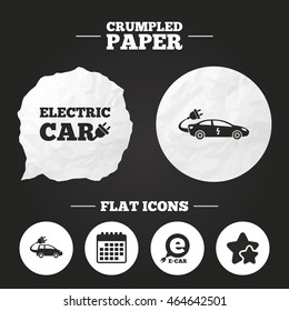 Crumpled paper speech bubble. Electric car icons. Sedan and Hatchback transport symbols. Eco fuel vehicles signs. Paper button. Vector