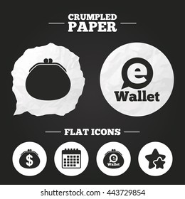 Crumpled paper speech bubble. Electronic wallet icons. Dollar cash bag sign. eWallet symbol. Paper button. Vector