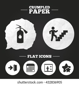 Crumpled paper speech bubble. Emergency exit icons. Fire extinguisher sign. Elevator or lift symbol. Fire exit through the stairwell. Paper button. Vector
