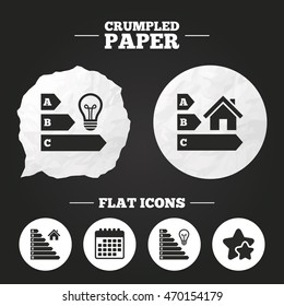 Crumpled paper speech bubble. Energy efficiency icons. Lamp bulb and house building sign symbols. Paper button. Vector