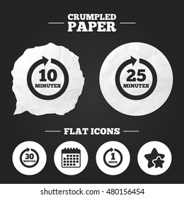 Crumpled paper speech bubble. Every 10, 25, 30 minutes and 1 hour icons. Full rotation arrow symbols. Iterative process signs. Paper button. Vector