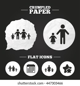 Crumpled paper speech bubble. Family with two children icon. Parents and kids symbols. One-parent family signs. Mother and father divorce. Paper button. Vector